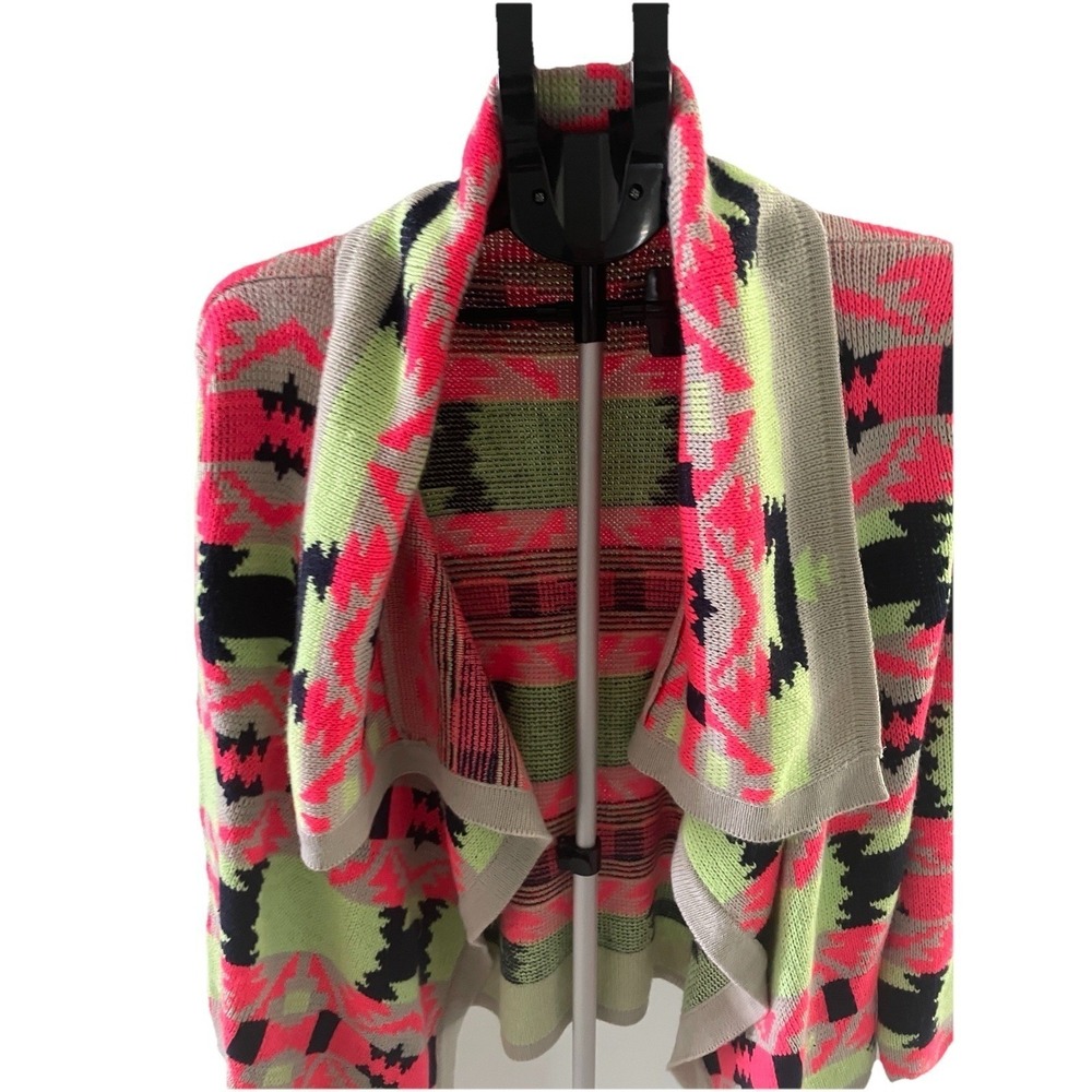 Aztec Geometric Print Open Cardigan Sweater Neon Pink Lime‎ Gray Women spring